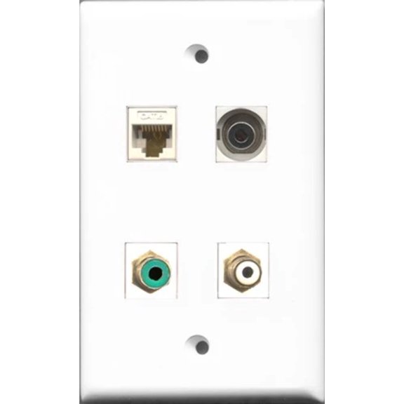 RiteAV 1 Port RCA White and 1 Port RCA Green and 1 Port 3.5mm and 1 Port Cat6 Ethernet White Wall Plate