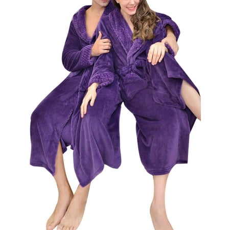 

Calzi Solid Color Sherpa Bathrobe for Unisex Adults Thermal Dressing Gown Loose Warm Fuzzy Plush Bathrobes V Neck Long Sleeve Fleece Robe Sleepwear Purple XL