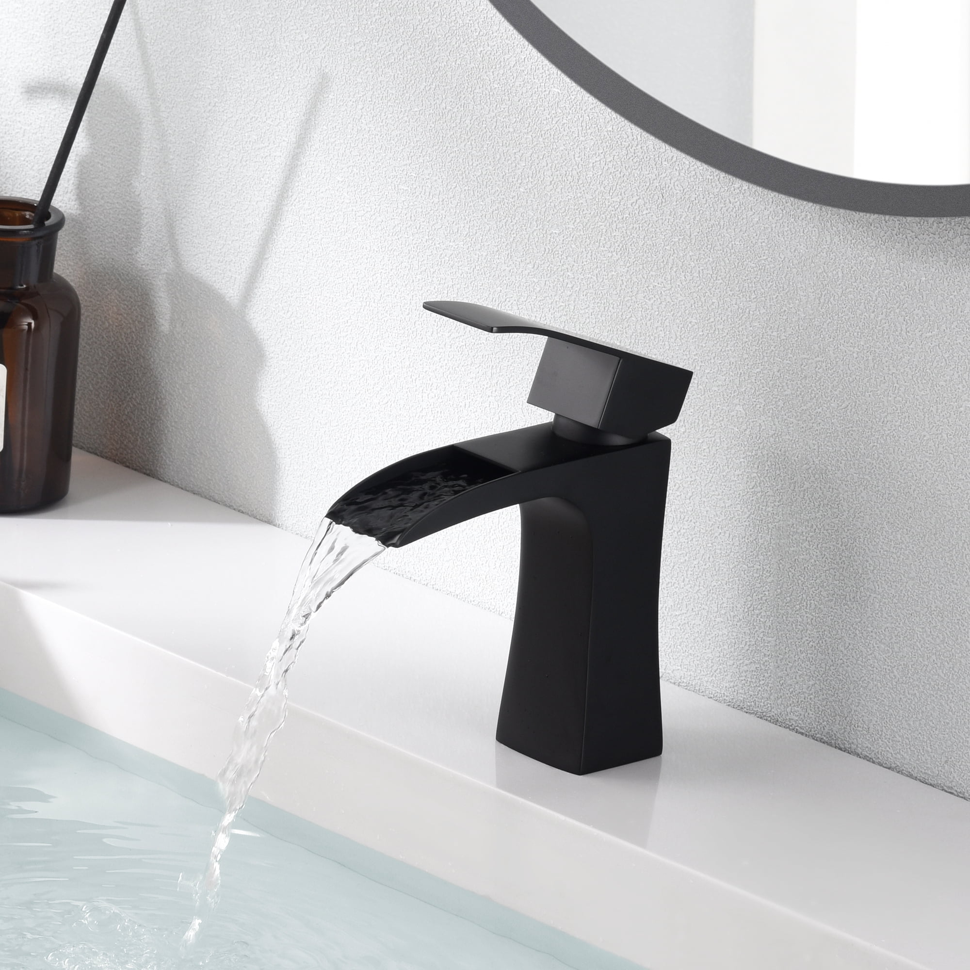 SUMERAIN Single Hole Bathroom Faucet Waterfall Bathroom Faucet Single Handle Matte Black Stainless Steel Lavatory Faucet