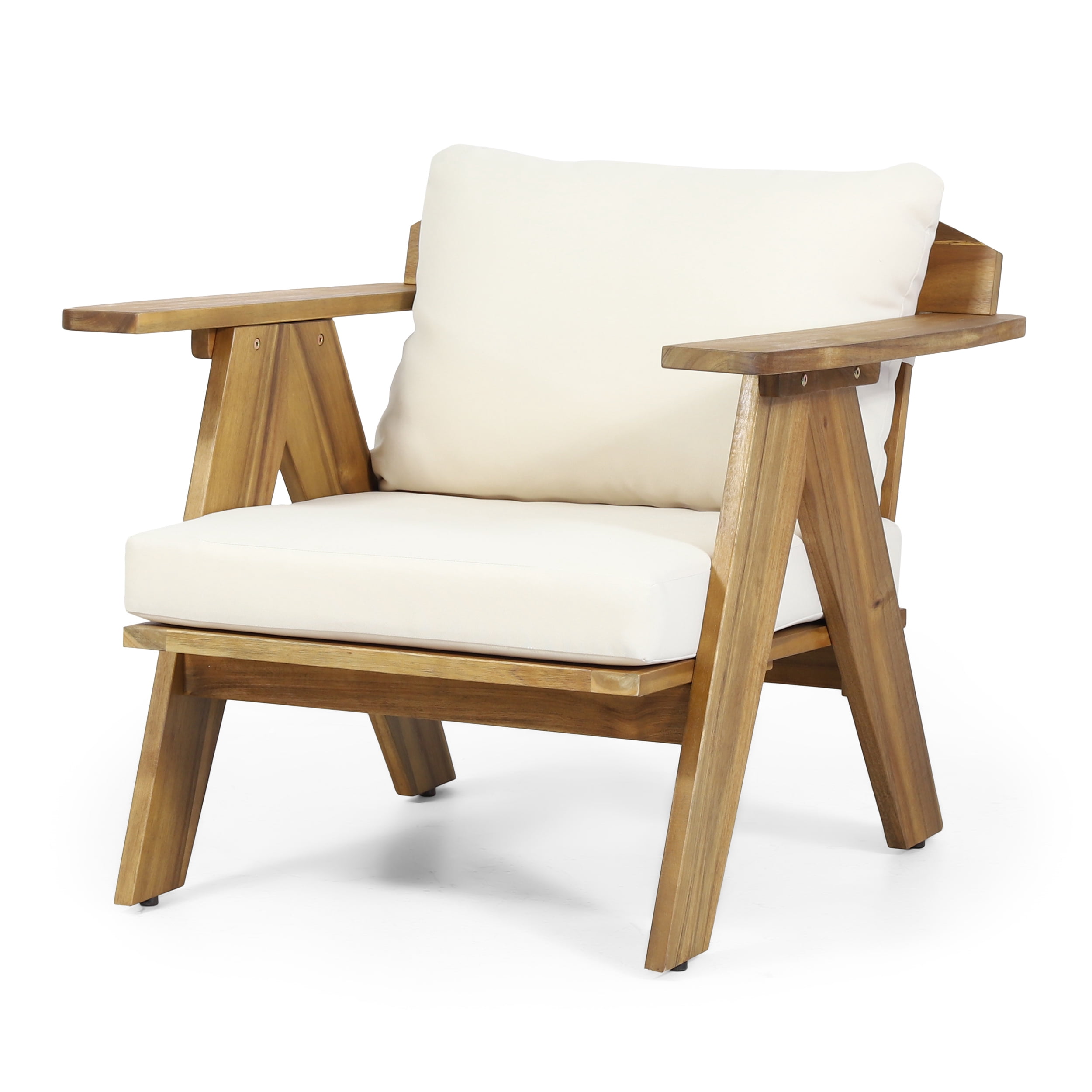 Outdoor Cushioned Single Chair Set of 2, Acacia Wood Frame Relaxing Seats for Patio Garden, Teak and Beige