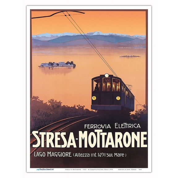 Stresa to Mottarone - Lake Maggiore Italy - by Ferrovia Electric Tram - Vintage Railroad Travel Poster c.1920 - Master Art Print (Unframed) 9in x 12in