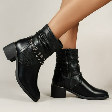 

HUPOM Work Boots For Women Pumps Mid Heel Leather Slip-On Women S Ankle Boots & Booties Black 41(US:8.5)
