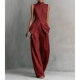 thumbnail image 2 of Evdexr Linen Sets For Women 2 Piece Stand Collar Sleeveless Top and Baggy Wide Leg Pants Set Trendy Casual Business Lounge Outfit Suits Wine L, 2 of 6