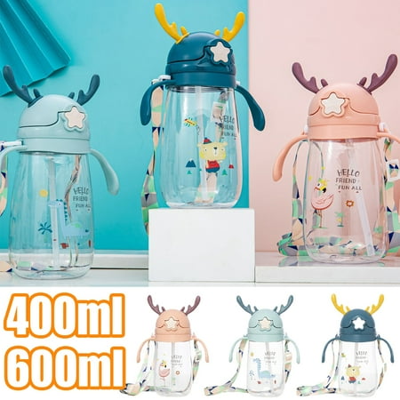 

Travelwant 450ml/600ml Children s Water Cup Summer Antlers Cute Ins，Cartoon Animals Kids Water Bottles Antler-Shaped Cute Thermoses with Straw Lid Detachable Strap Water Bottle