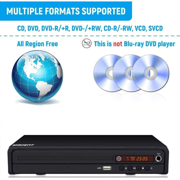 Lecteur DVD pour TV avec entrée HDMI/USB/carte SD, compact HD 1080p,  ascendant toutes les régions, lecteur DVD gratuit avec prise micro unique,  prend en charge le système NTSC/PAL, télécommande (platine)