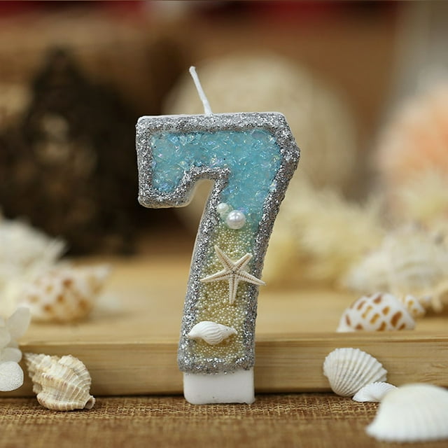 Velas digitales con purpurina, decoración de pastel de cumpleaños, estrella de mar, playa, verano, 0-9, decoración de pastel de fiesta temática con el océano, 1 ud.,7