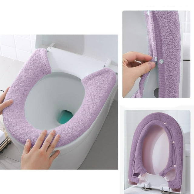 Toilet Seat Cover Bathroom Soft Thicker Warmer With Snaps Fixed Stretchable Washable Fiber Cloth Toilet Seat Covers Pads Reusable Easy Installation Cleaning