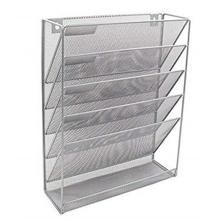 Wall Mounted Vertical File Folder KimKart Wall Mounted File Organizer - Mesh Hanging/Lateral/Vertical Metal File Holder | File - Mail - Magazine Rack w/ 6 Compartments (Silver) ()