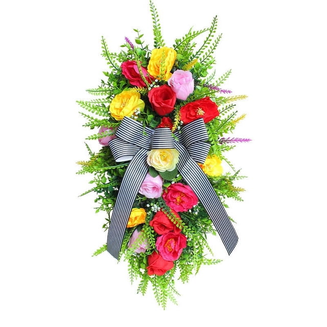 Door Decorations Hanging Outdoor Simulated Flower Door with Floral Wreath and Creative Large Bow. Front Door with Flowers Hanging Upside Down on Tree Decorations