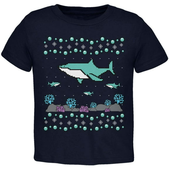 Ugly Christmas Sweater Shark Coral Reef Toddler T Shirt Navy 4T