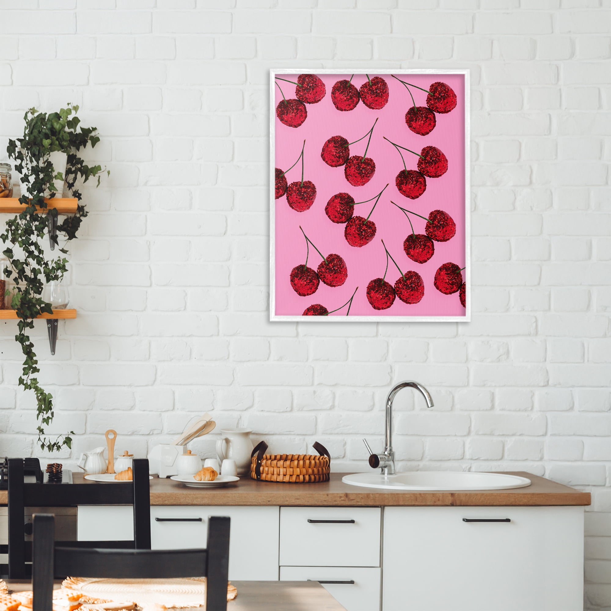 Stupell Industries Glitter Glam Cherries Pattern White Framed Giclee Art, design by LISH Creative