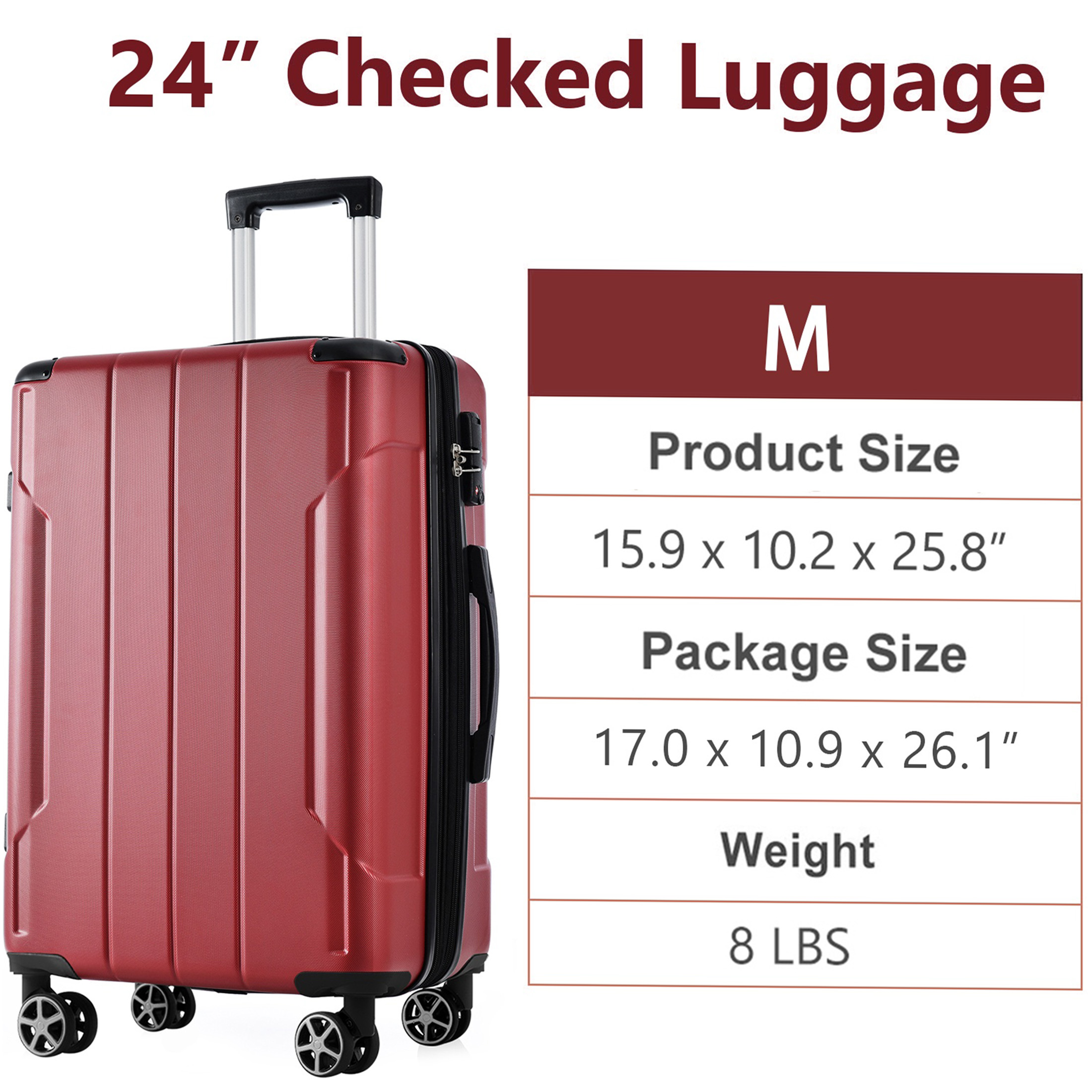 JERFIT 24" Expandable Hardshell Suitcase, Lightweight ABS Checked Luggage with TSA Lock & 8 Spinner Wheels, Durable Red Travel Bag