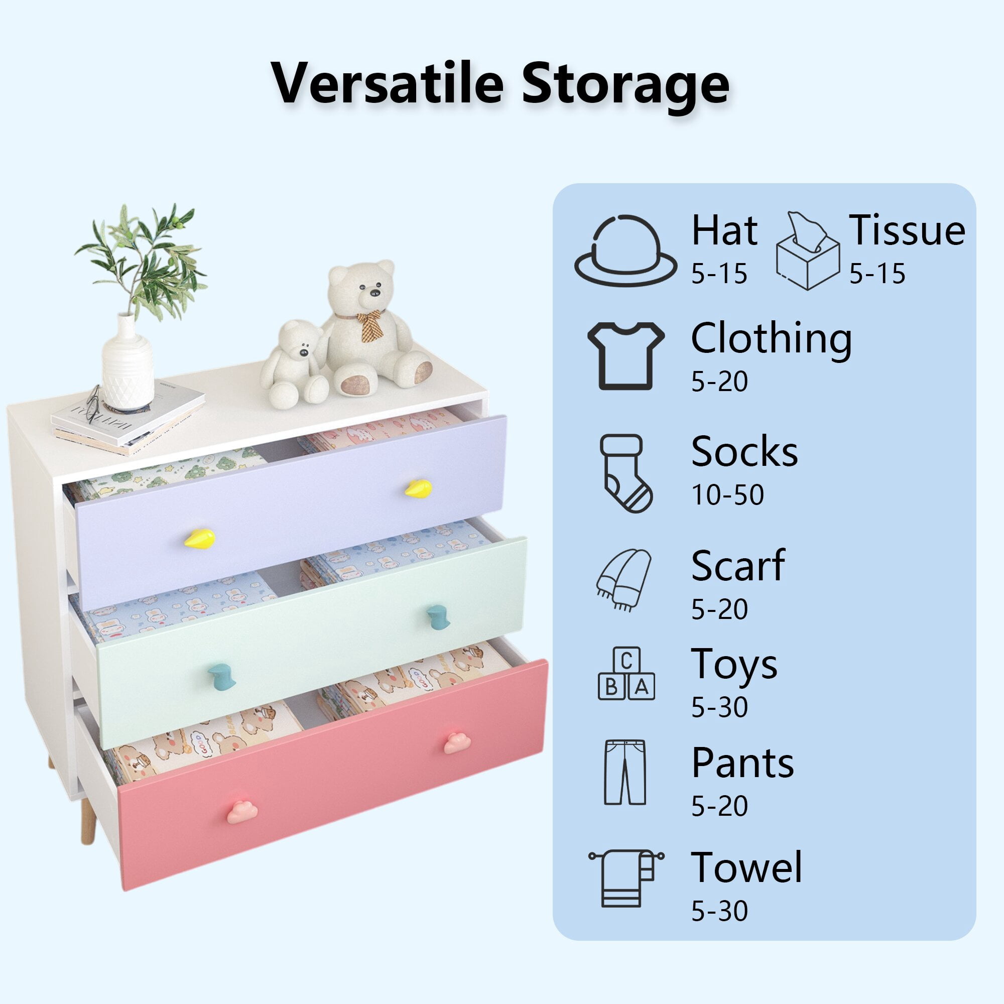 Yoneston 3 Drawers Dresser, MDF Modern White Chest of Drawers Closet Organizer with Storage for Hallway, Living Room,Kid's Room,Toddler Room