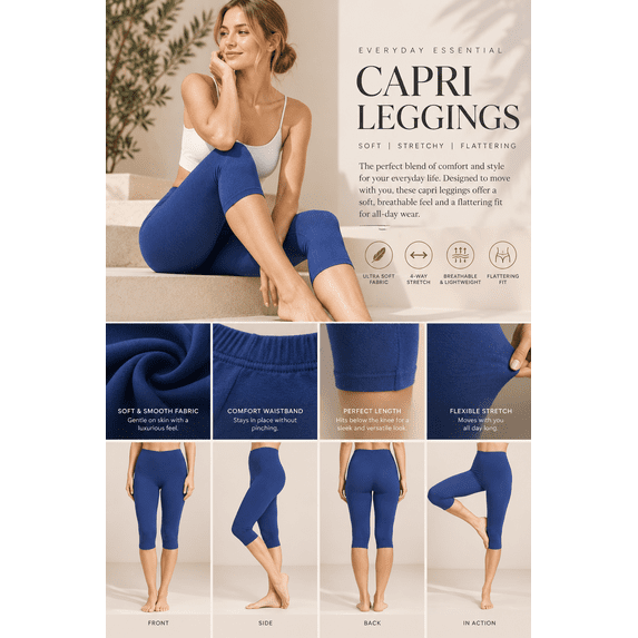 TheLovely Women's Essential Basic Cotton Spandex Stretch Below Knee Length Capri Leggings
