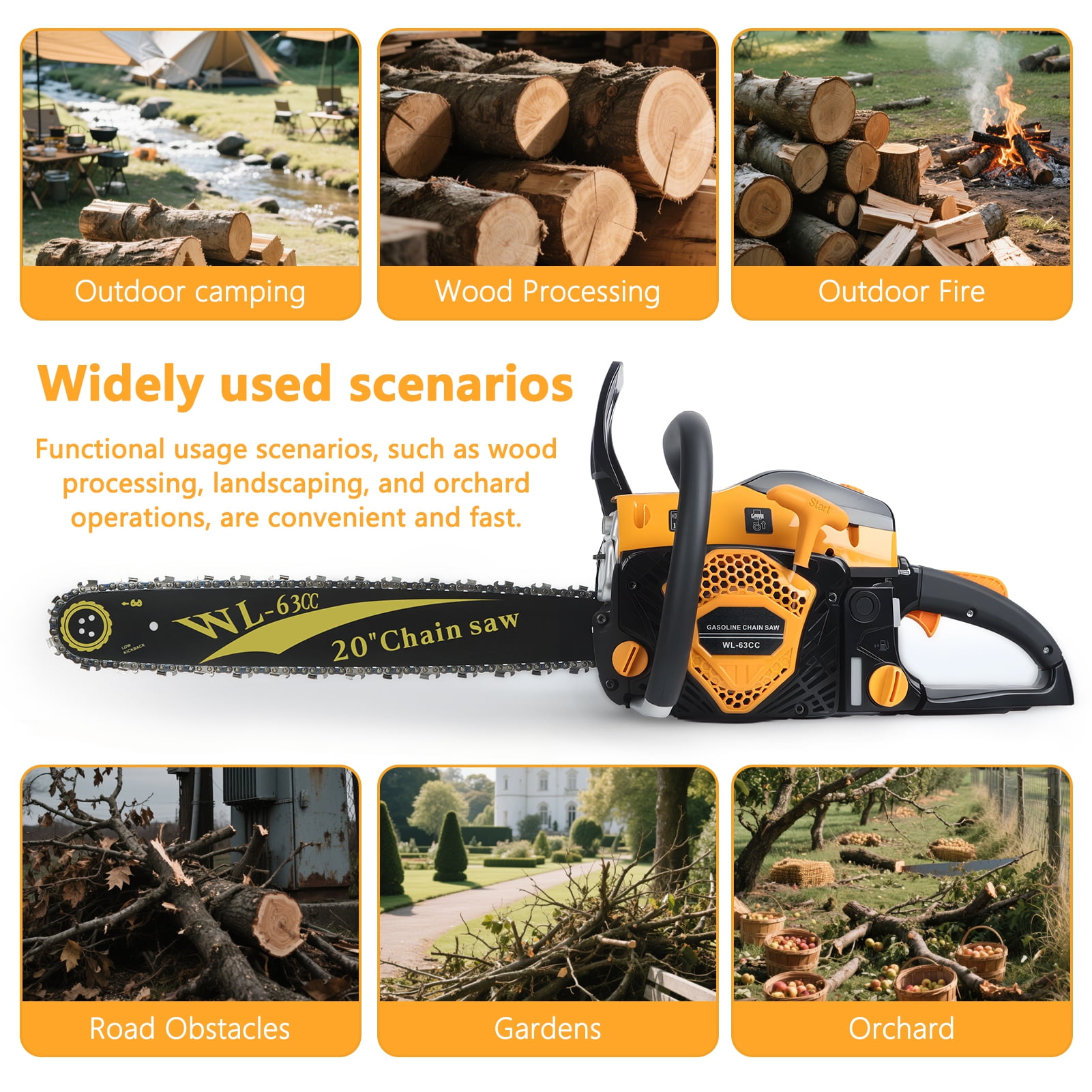 AQQW Heavy Duty 63CC Gas Chainsaw, 20-Inch Cordless Petrol Chain Saw with Automatic Oiler for Tree Felling & Woodworking