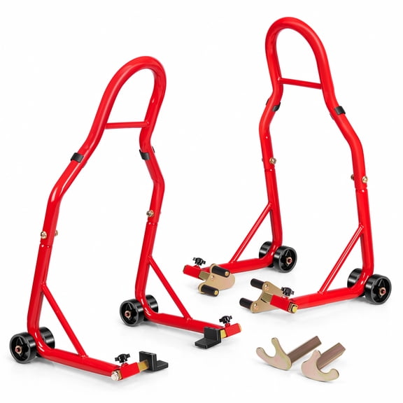 SPECSTAR Motorcycle Stands, 882 Lbs Capacity Front Rear Wheels Lift Combo with U L Adjustable Swingarm Spool, Heavy Duty Paddock Stands for BMW Suzuki Yamaha Honda Kawasaki, Red