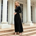 thumbnail image 5 of Women'S Elegant Velvet Belted Pleated Long Sleeve Cocktail Party Formal Wedding Guest A-Line Maxi Long Dress Black S, 5 of 9