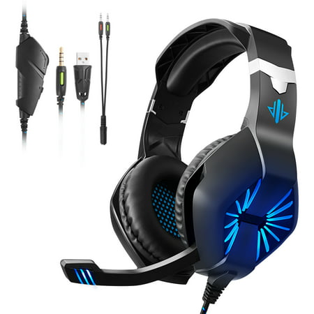 Gaming Headset with Mic for Xbox One, PS4, Nintendo Switch and PC, Surround Sound Over-Ear Gaming Headphones with Noise Cancelling Mic, LED Lights, Volume Control for Smart Phone, Laptops,Mac, (Best Gaming Headset With Noise Cancelling Microphone)