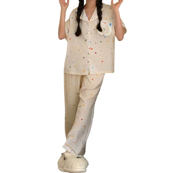 Pajamas for Women 2 Piece Cloud Cotton Sleepwear Long Pants Loungewear Button Down Collar Soft Pajamas Homewear Beige L