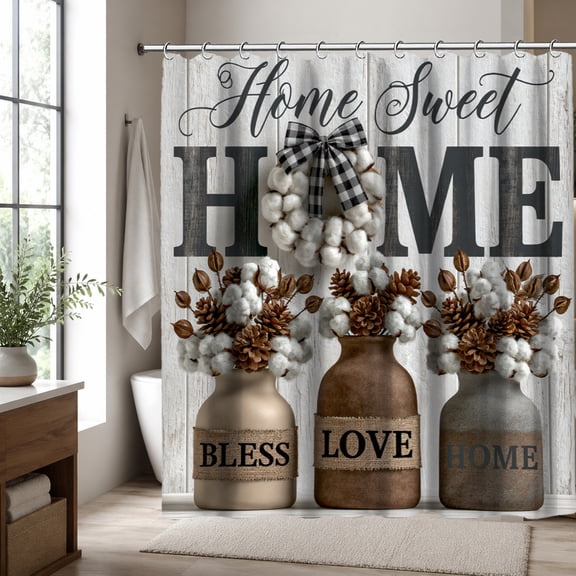 Farmhouse Shower Curtain, Home Sweet Home Bathroom Decor, Rustic Cotton Floral Vase Design Shower Curtain, Country Style Bathroom Curtain, 70.87 x 70.87 Inch