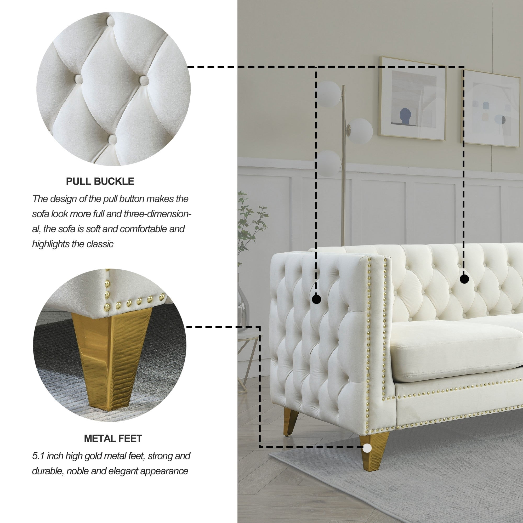 Sailvan 82" Velvet Chesterfield Sofa, Tufted Button Couch with Gold Metal Legs & Nailhead Trim, Modern 2-Seater with Unique Charm Loop Beige