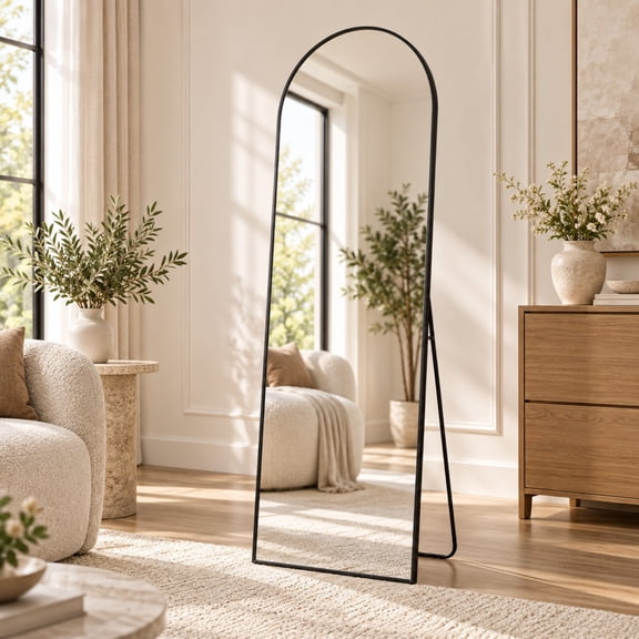 Easy4Home 56"x15" Full Length Mirror Arched Freestanding Floor Mirror with Metal Frame, Black