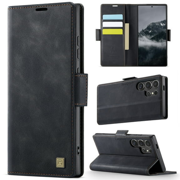 Decase Premium Magnetic Flip Wallet Case with RFID Blocking Card Slots Durable TPU Shell Kickstand Protective Cover,Luxury PU Leather & TPU Material Shockproof Case for Samsung Galaxy S25 Ultra,Black