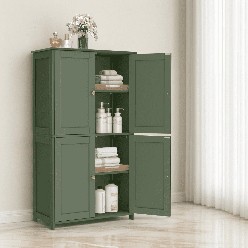 LEDREM Bathroom Storage Floor Cabinet Organizer with Adjustable Shelf 4 Magnetic Doors Freestanding for Living Kitchen Room Small Spaces,Green
