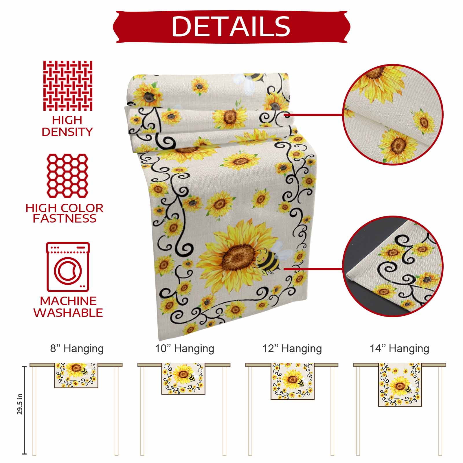 Sunflower Bees Burlap Cotton Table Runner 13x90 Inches Long, Spring Summer Farmhouse Floral Beige Burlap Farmhouse Table Runners, Outdoor Dining Tablecloths Decor for Baby Shower/Party/Wedding