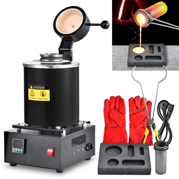 3KG 2012°F Melting Furnace Kit with Fluted Graphite Crucible - Heavy-Duty Metal Casting Machine for Gold, Silver, Copper, Jewelry Making & Refining(Black)