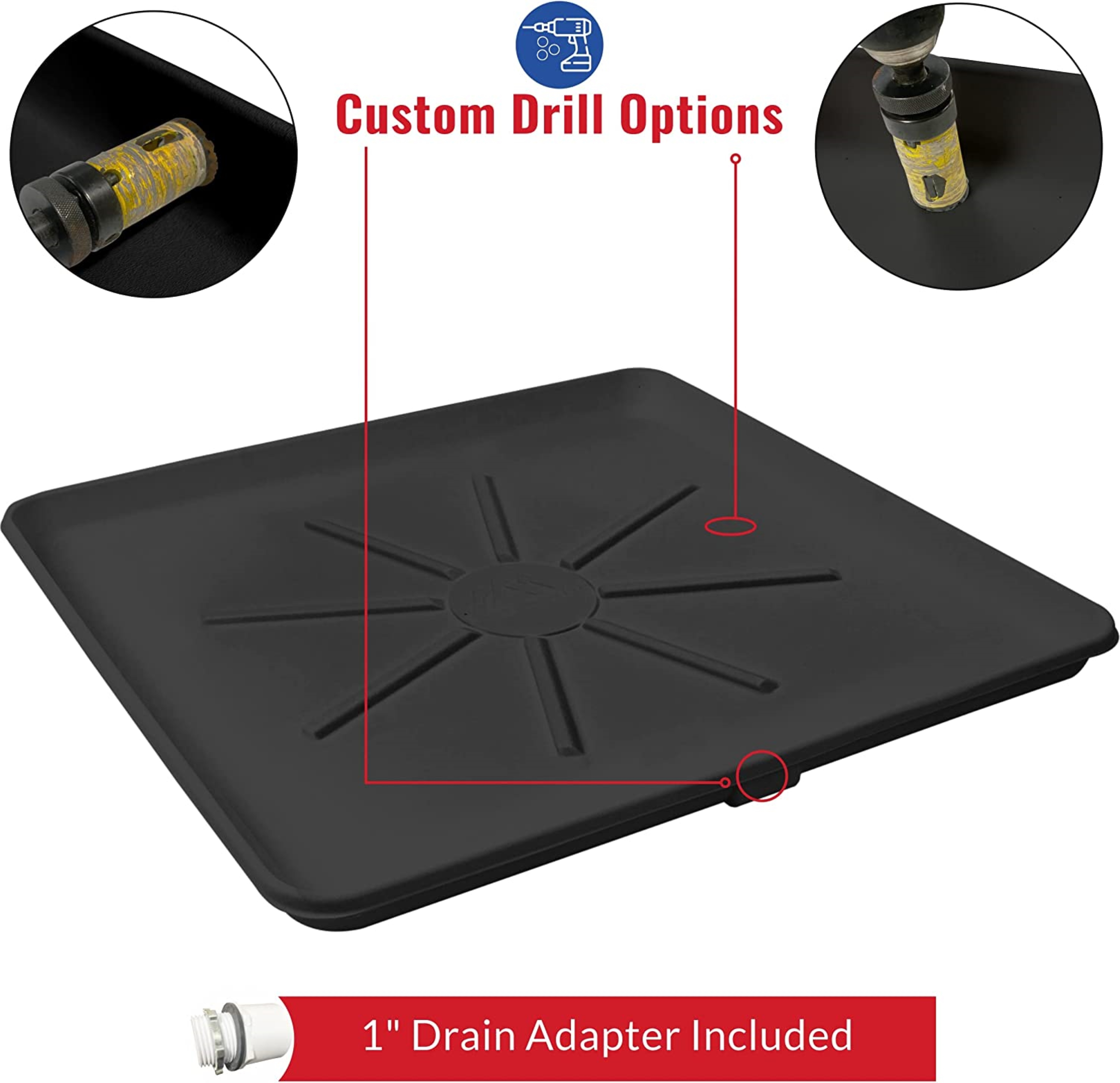 American Built Pro Washing Machine Pan Undrilled Anti Flood Pan Comes With 1" Drain Adapter Fitting Black Color Drain Pan Made of Recycled Plastic Protects Floor From Water Damages - Pack of 1