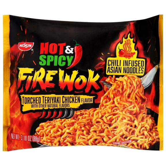 Nissin Foods Hot & Spicy Fire Wok Chili-Infused Asian Noodles, Torched Teriyaki Chicken Flavor, 3.10 oz Bag, Shelf-Stable