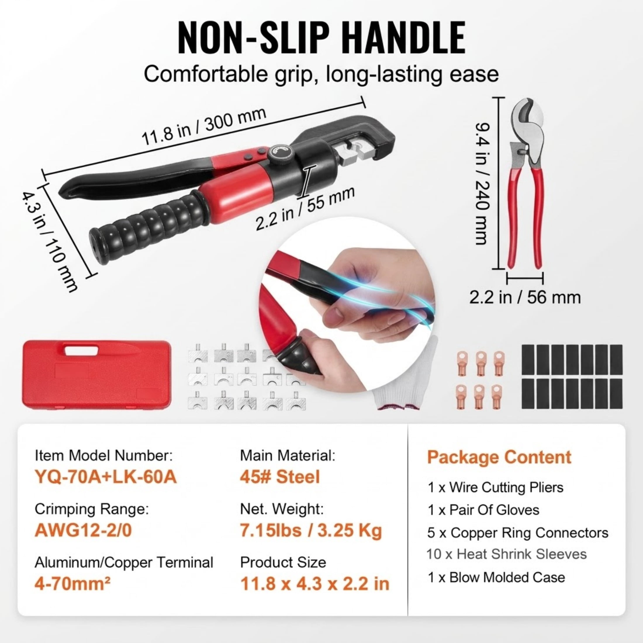 Hydraulic Crimping Tool with 9 Dies, AWG 12-2/0 Copper & Aluminum Lug Crimper Kit with Cutter & Accessories