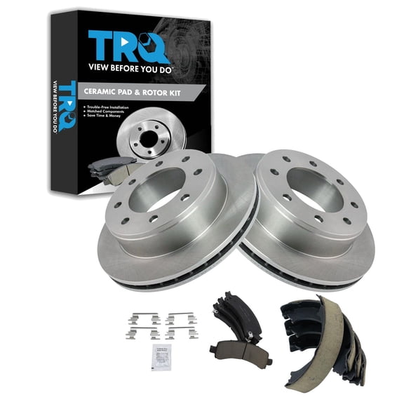 TRQ Rear Brake Pad & Rotor Kit Brake Pads Brake Rotor Parking Brake Shoe Set Ceramic Fits Select 2003-2008 Chevrolet Express 2500 2005-2007 Express 3500 GMC Savana 2500 Savana 3500