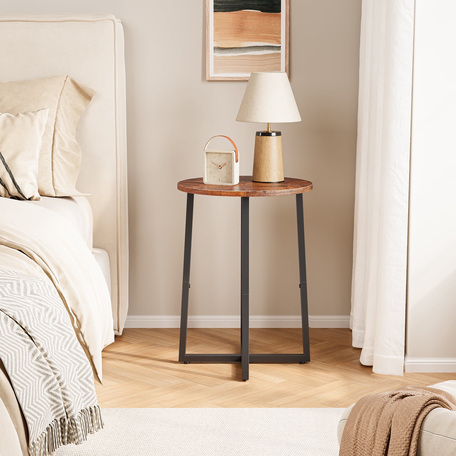 Side Table for Small Spaces, Round End Table with Metal Legs, Small Accent bedside Table for Living Room Bedroom, Reddish Brown