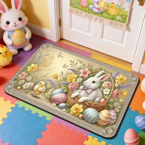 AZXY Vintage Easter Bunny Chick Rug 23.6"x15.8", Retro Floral Egg Basket Non-Slip Stain-Resistant Entryway Doormat, Washable Indoor Outdoor Area Rug for Bedroom Living Room Kitchen Easter Decorations