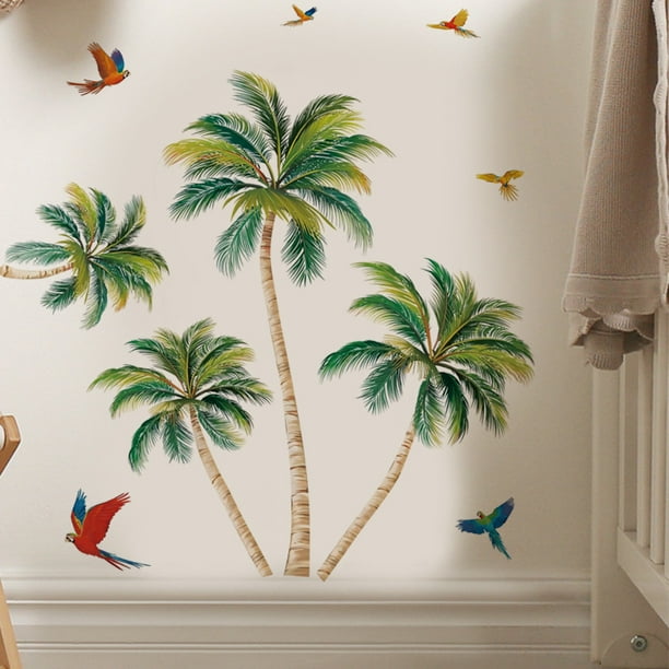 Adhesivos de pared autoadhesivos de PVC con forma de palmera tropical y loro