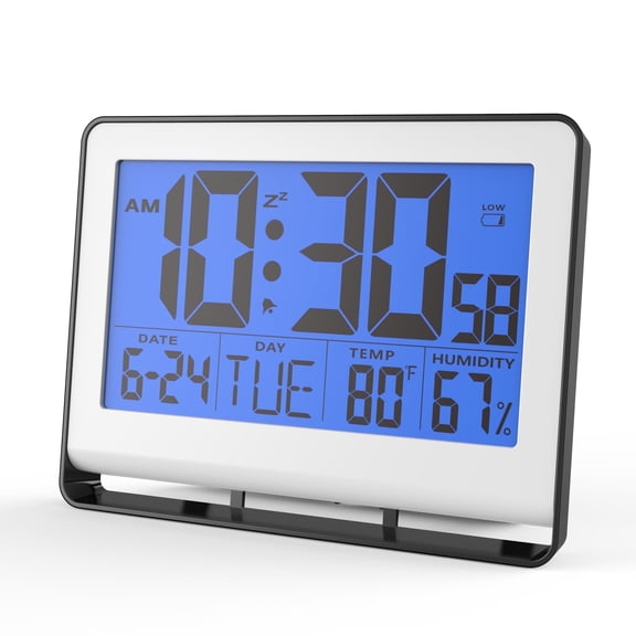 Digital Wall Clock with Indoor Temperature and Humidity, Desk Alarm Clock with Date and Blue Backlight