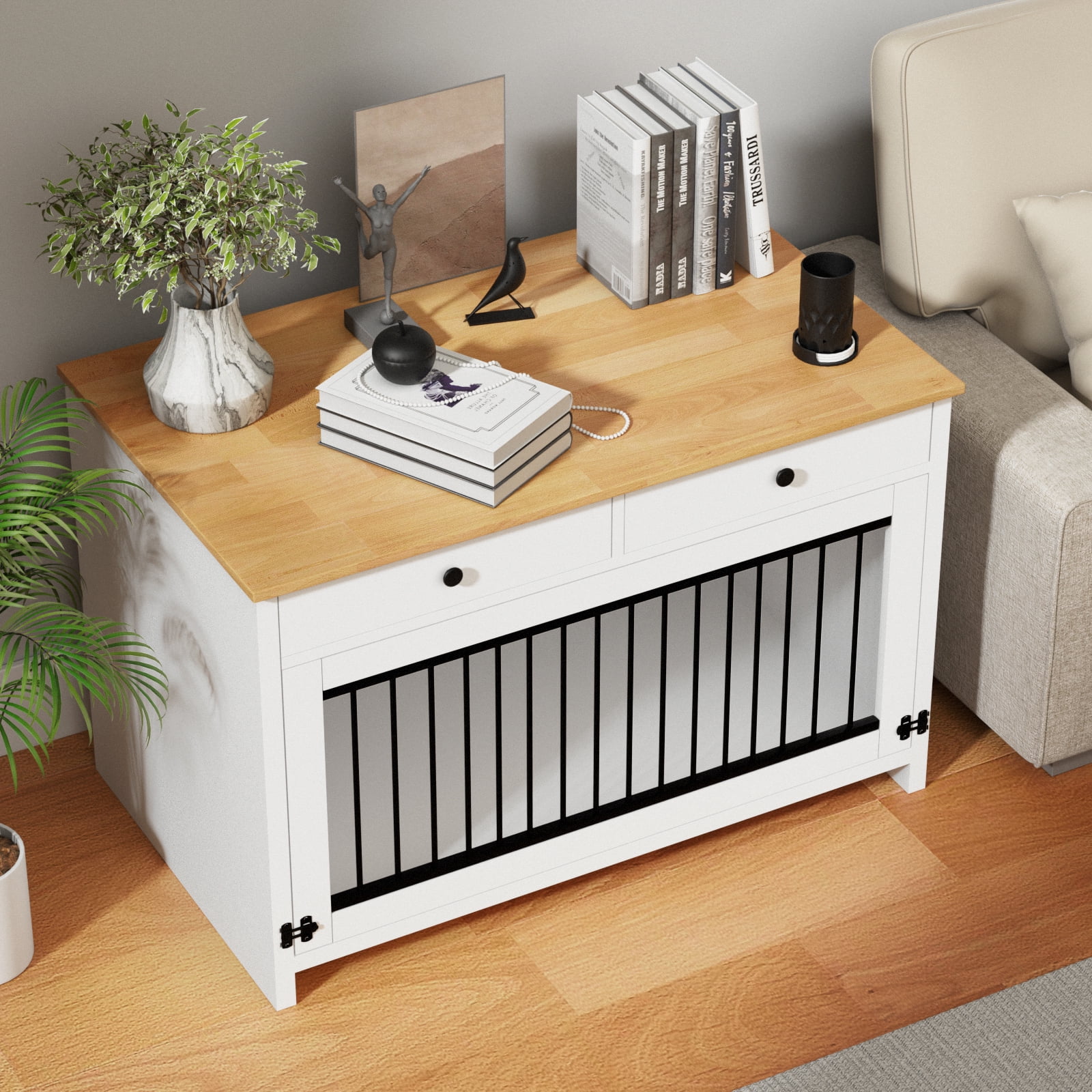 TIME RAY Dog Crate Furniture for Large Dog,Dog Cage Furniture with Upward Flapping Crate Door and 2 Storage Drawer