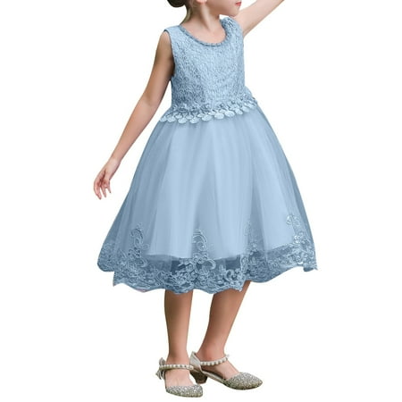 LUOGENLI Dress for Girls Children Flower Girl Lace Wedding Party Formal Long Gown Dress Girls Easter Dresses Size 14 Princess Dress up for Girls 4-6 Shoes Blue 7-8 Years