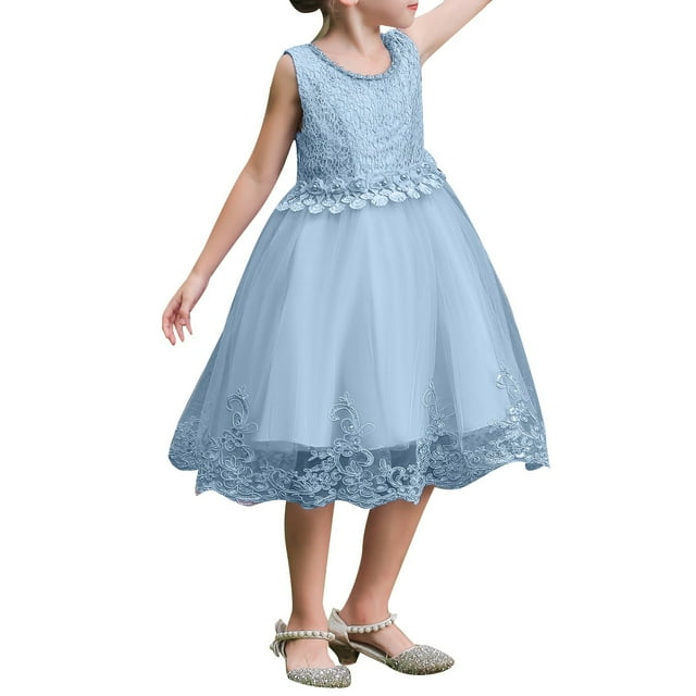 Robes Décontractées pour Filles Juniors Brodées Florales Col Rond Sans Manches Dentelle Mariage Fête Robe Formelle Mode Urbaine, Bleu, 7-8 Ans
