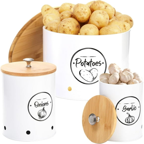 shiyou-3 Pack Vegetable Storage Tins, Round Metal Potato Onion Garlic Storage Bins, Farmhouse White Kitchen Canisters Vegetable Fresh Keeper Set with Bamboo Lids and Aerating Holes