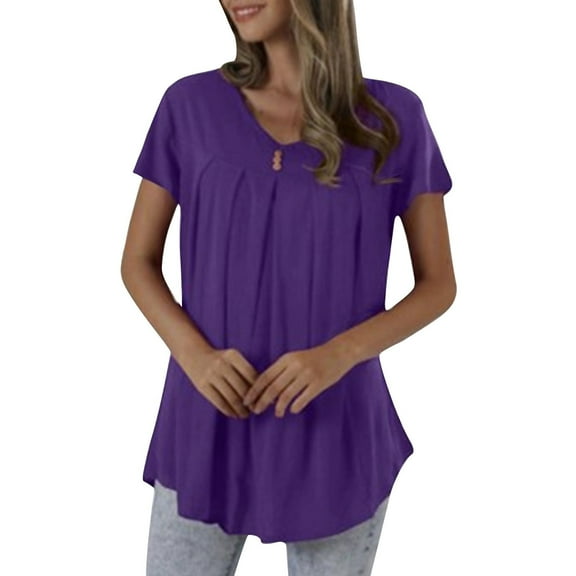 Mittory Womens Tunic Tops Summer Dressy Casual Button Blouses V Neck Short Petal Sleeve T-Shirts Pleated Shirts
