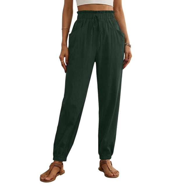 Pantalones de cintura elástica para las mujeres Color sólido empaquetado pies cordón longitud completa cónico Jogger bolsillos pantalones verde oliva mujeres