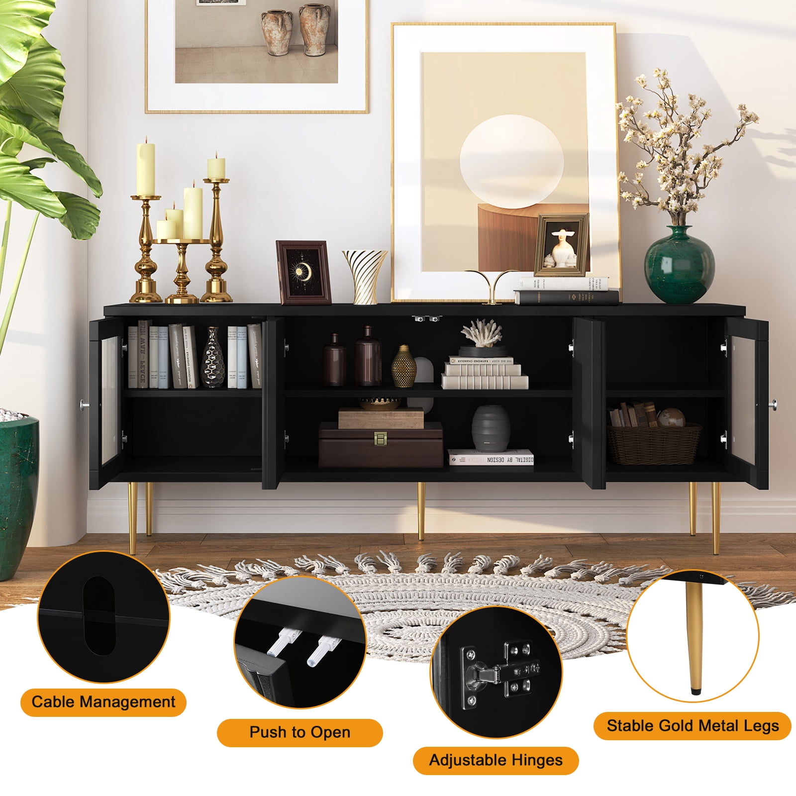 HLR 63" Modern Wood TV Stand with 3D Flower Pattern For TVs Up to 75", Entertainment Center with Storage, Black