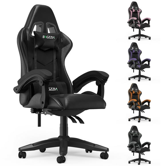 Bugzzia Gaming Chair PU Leather Adjustable Headrest & Lumbar Support, Black