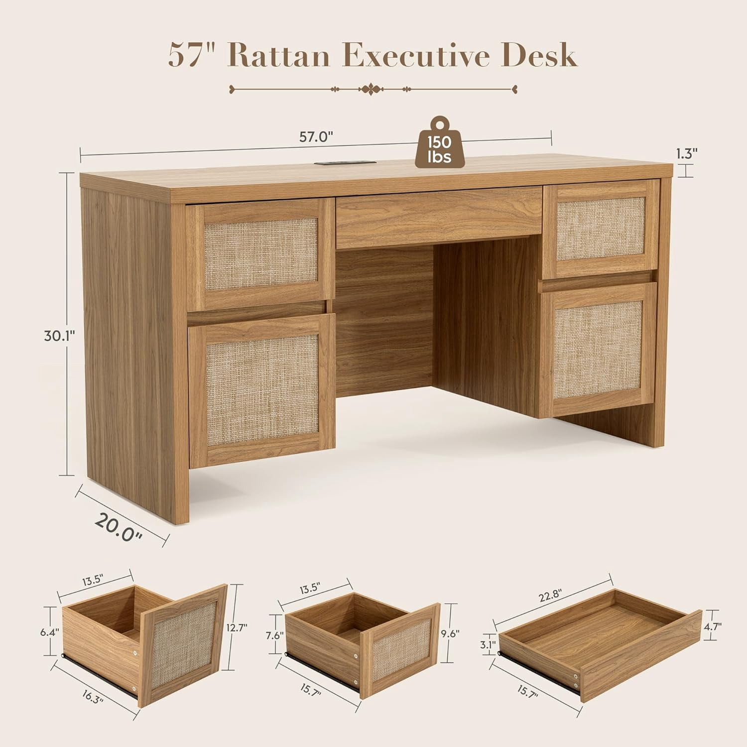 XIAO WEI 57" Rattan Desk with 5 Drawers & Charging Station, Walnut Brown