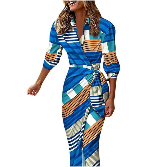 Abcnature Womens Maxi Dress, Women Long Sleeves Printing Lapel Lacing Slim Split Hem Dress, Plus Size Summer Casual Long Dresses Beach Party Dress Blue L