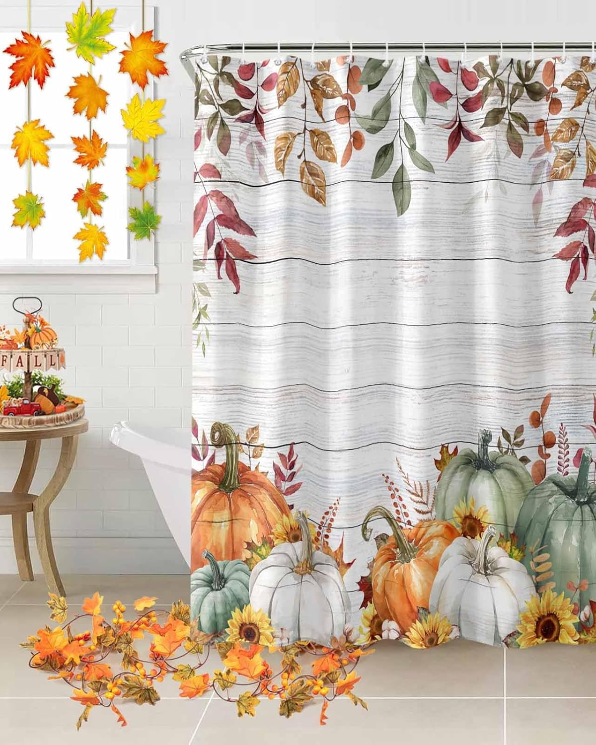 Fall Shower Curtain Sage Green Pumpkin Shower Curtains for Bathroom Sunflower Eucalyptus Leaves Wood Grain Bath Curtains Sets with Hooks for Autumn Thanksgiving Seasonal Decor Standard 72" X 72"