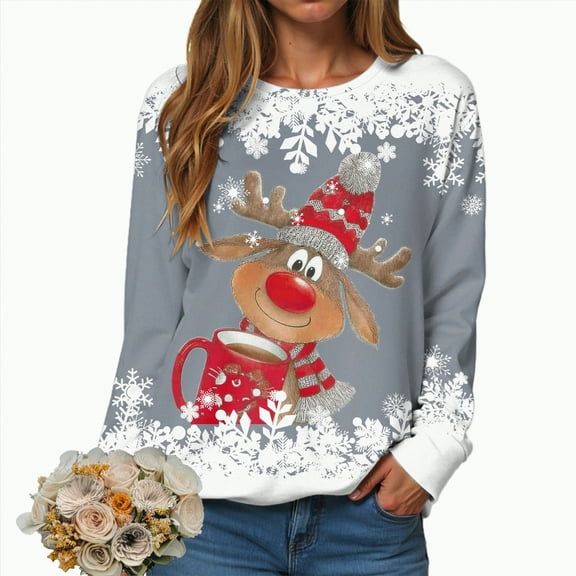 UngA Christmas Sweatshirts Women Casual Crew Neck Christmas Sweatshirt Loose Soft Long Sleeve Pullover Tops Women Sweatshirt (Grey,M)